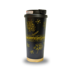 Black 520ml insulated Travel Coffee mug with a floral design